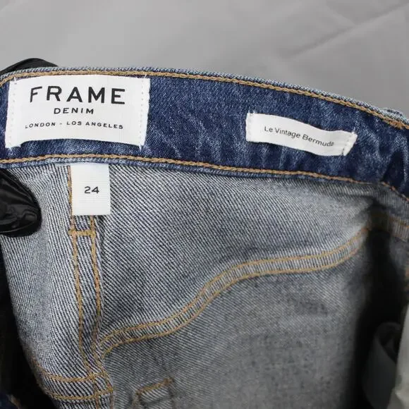 Frame Shorts Womens 24 Le Vintage Bermuda Heartbreaker Frayed Hem High Rise Blue - Picture 6 of 15